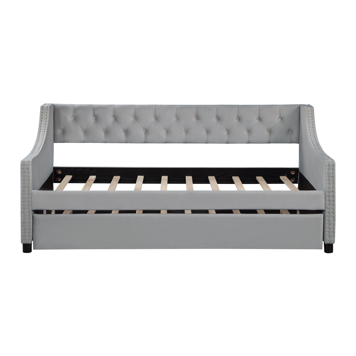 Twin Size Upholstered Daybed with Trundle Sturdy Wood Bedframe w/ Bedframe Tufted Button & Copper Nail on Arms Design - V.I.P Digital Presence