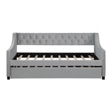 Twin Size Upholstered Daybed with Trundle Sturdy Wood Bedframe w/ Bedframe Tufted Button & Copper Nail on Arms Design - V.I.P Digital Presence