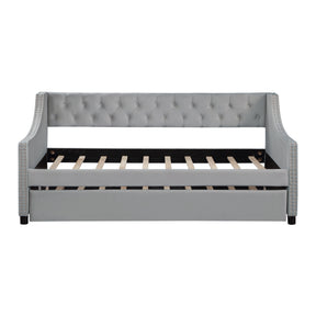 Twin Size Upholstered Daybed with Trundle Sturdy Wood Bedframe w/ Bedframe Tufted Button & Copper Nail on Arms Design - V.I.P Digital Presence