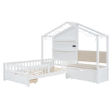 Twin Size House Bed with Upholstered Sofa, House Bed with Charging Station, Wireless Charging, Shelves and Two Drawers, White - V.I.P Digital Presence