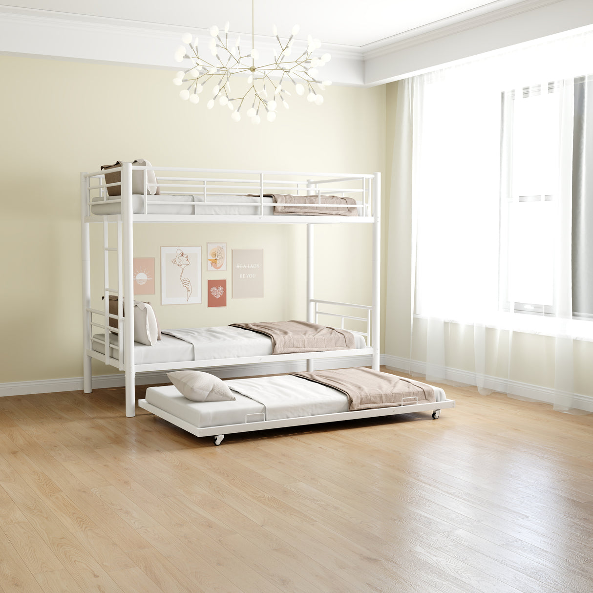 Heavy-duty Sturdy Meta Twin over Twin with Trundle Bunk Bed/l/ Noise Reduced/ Safety Guardrail/No Box Spring Needed,White - V.I.P Digital Presence