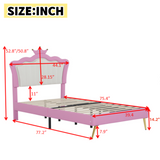 Twin Size Upholstered Bed Frame with LED Lights, Modern Upholstered Princess Bed with Crown Headboard, Pink+White - V.I.P Digital Presence