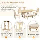 Traditional 6-Piece 78inch Trestle Extendable Dining Table Set with One 18inch Removable Leaf Padded Dining Chairs Bench,Natural - V.I.P Digital Presence