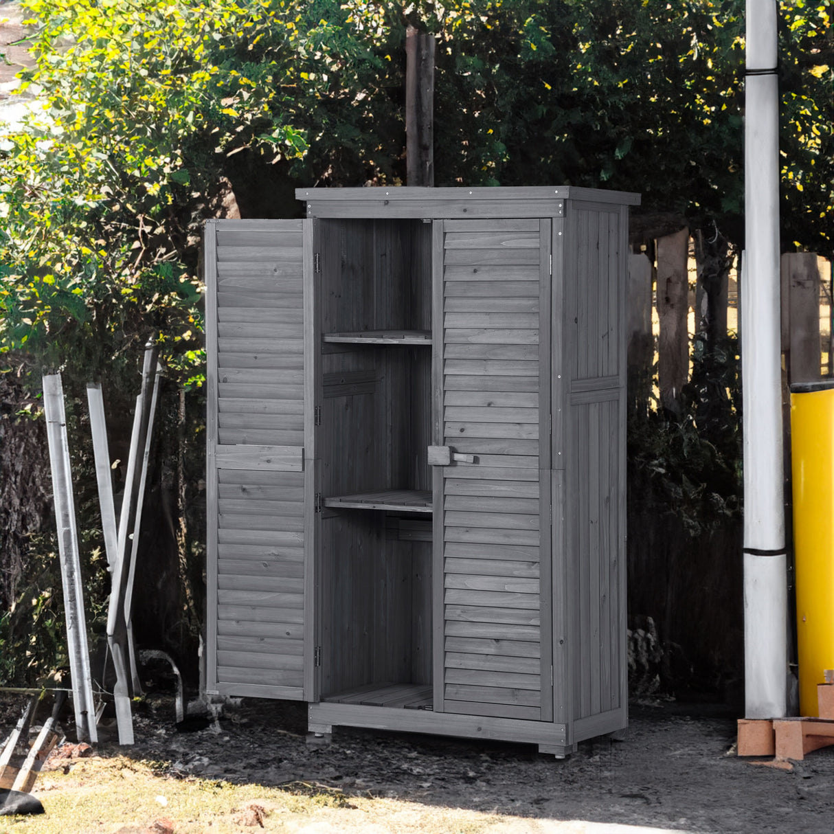 Wooden Garden Shed 3-tier Patio Storage Cabinet Outdoor Organizer Wooden Lockers with Fir Wood (Gray Wood Color -Shutter Design) - V.I.P Digital Presence