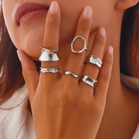 Ingemark 6Pcs/Set Punk Irregular Hollow Folded Metal Cuff Rings for Women Vintage Geometric Adjustable Open Finger Rings Jewelry - V.I.P Digital Presence