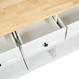 Kitchen trolley with rubber wood leaf countertop, 5-wheel kitchen island, storage cabinet and 3 dining drawers, white - V.I.P Digital Presence