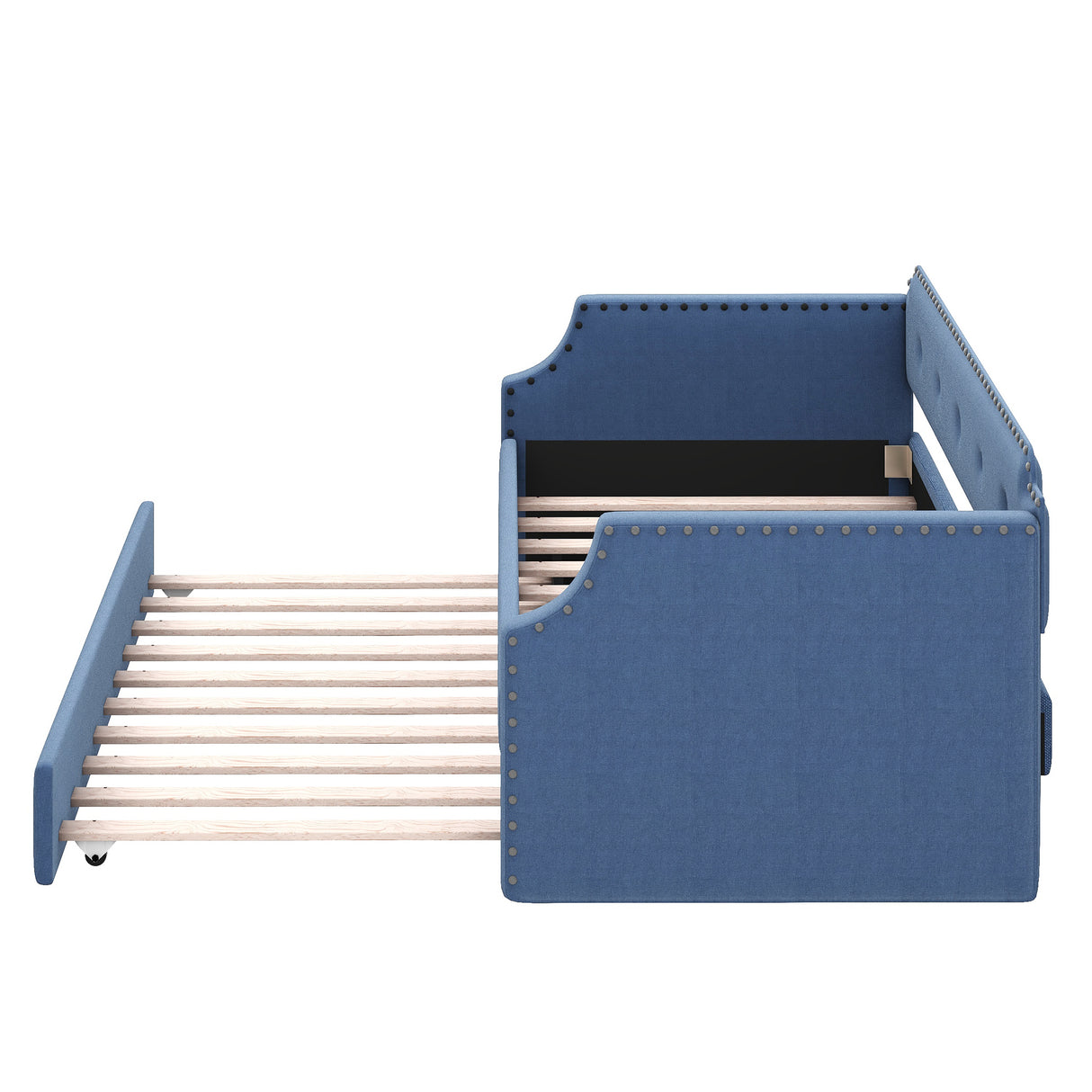 Upholstered Daybed with Trundle, Wood Slat Support,Upholstered Frame Sofa Bed Twin Blue - V.I.P Digital Presence