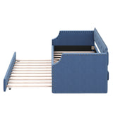 Upholstered Daybed with Trundle, Wood Slat Support,Upholstered Frame Sofa Bed Twin Blue - V.I.P Digital Presence