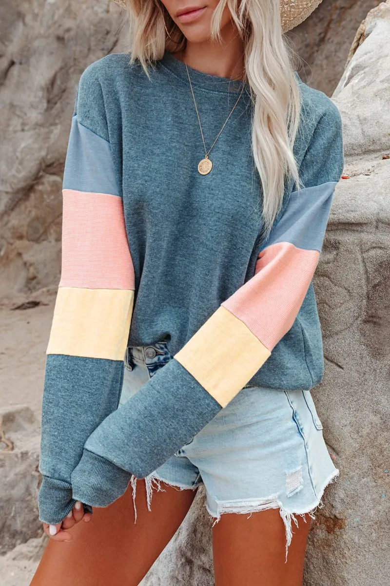Color Block Round Neck Long Sleeve Sweatshirt - V.I.P Digital Presence