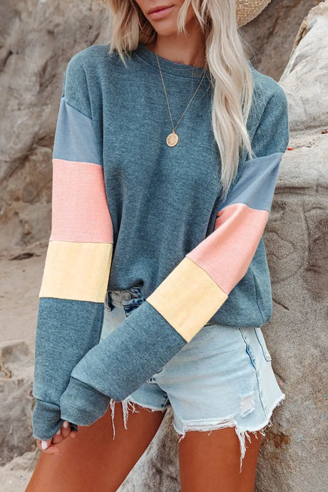 Color Block Round Neck Long Sleeve Sweatshirt - V.I.P Digital Presence