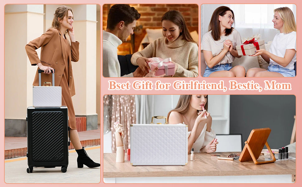 Portable makeup case, travel makeup bag with LED mirror, locked makeup storage box, brush holder, divider, rechargeable, white - V.I.P Digital Presence