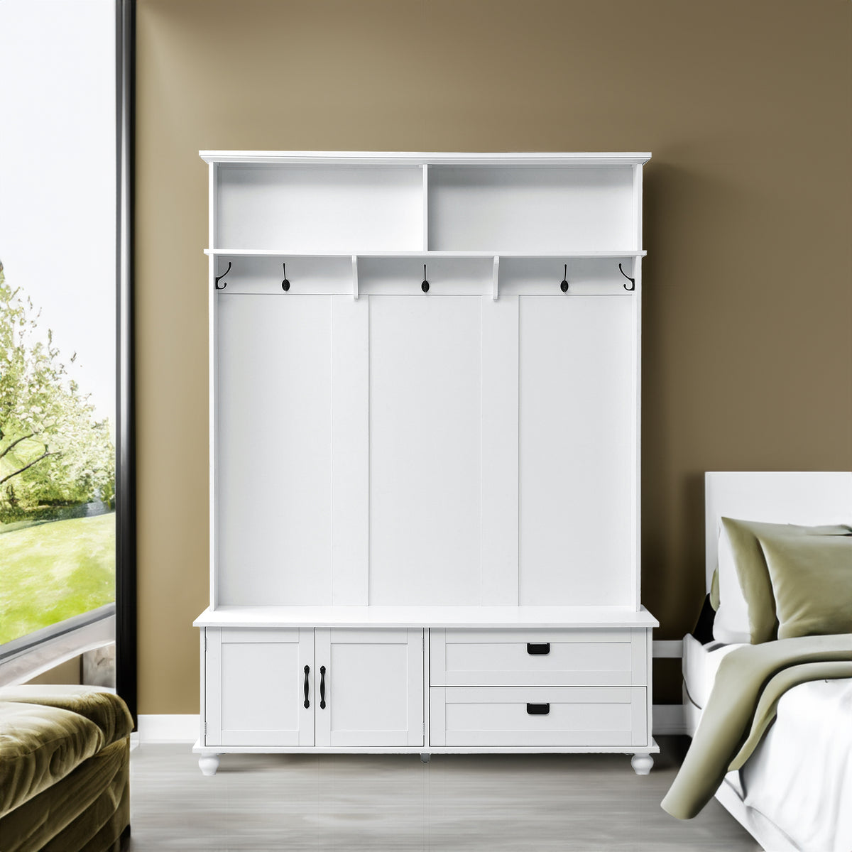 ON-TREND Modern Style Hall Tree with Storage Cabinet and 2 Large Drawers, Widen Mudroom Bench with 5 Coat Hooks, White - V.I.P Digital Presence