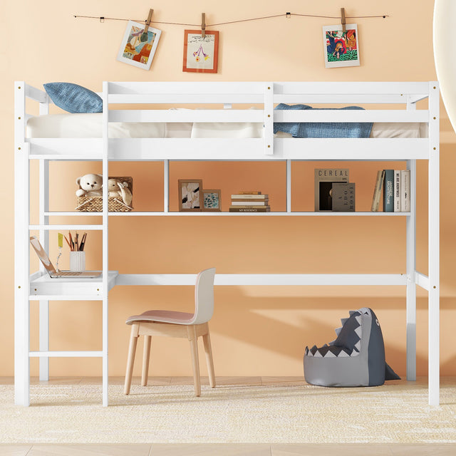 Twin Loft Bed with built-in desk and bookcase of three compartments, Guardrails and Ladder,White - V.I.P Digital Presence