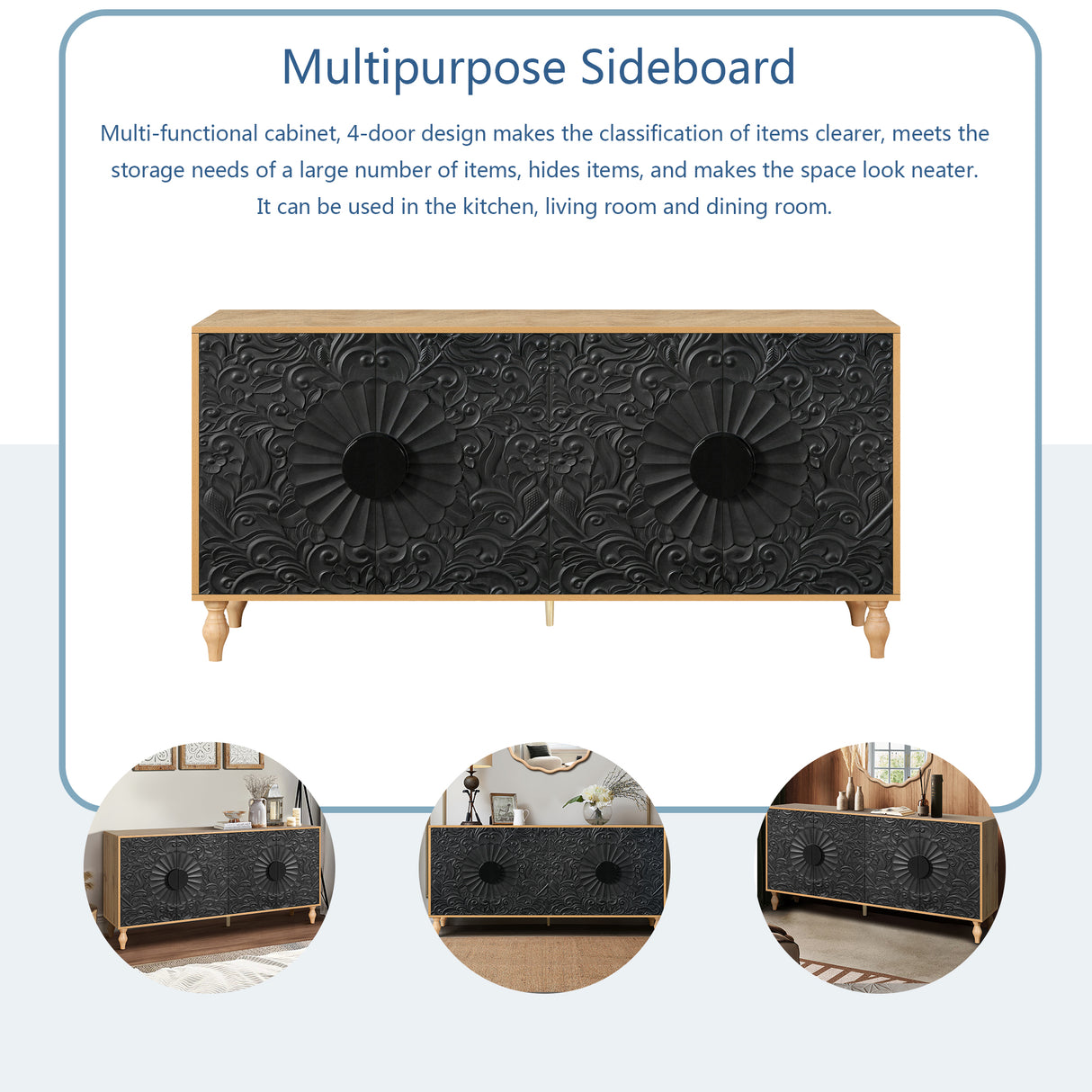 Black Carved Symmetrical Design Door And Wood Coloured Frame For TV Stand Table,Living Room ,Entryway - V.I.P Digital Presence