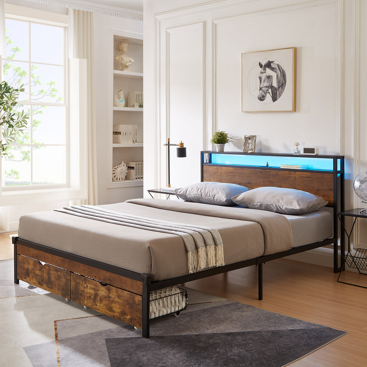 Large metal bed frame with wooden headboard and USB foot pedal, charging station, 2 drawers, LED lights, no need for box spring - V.I.P Digital Presence