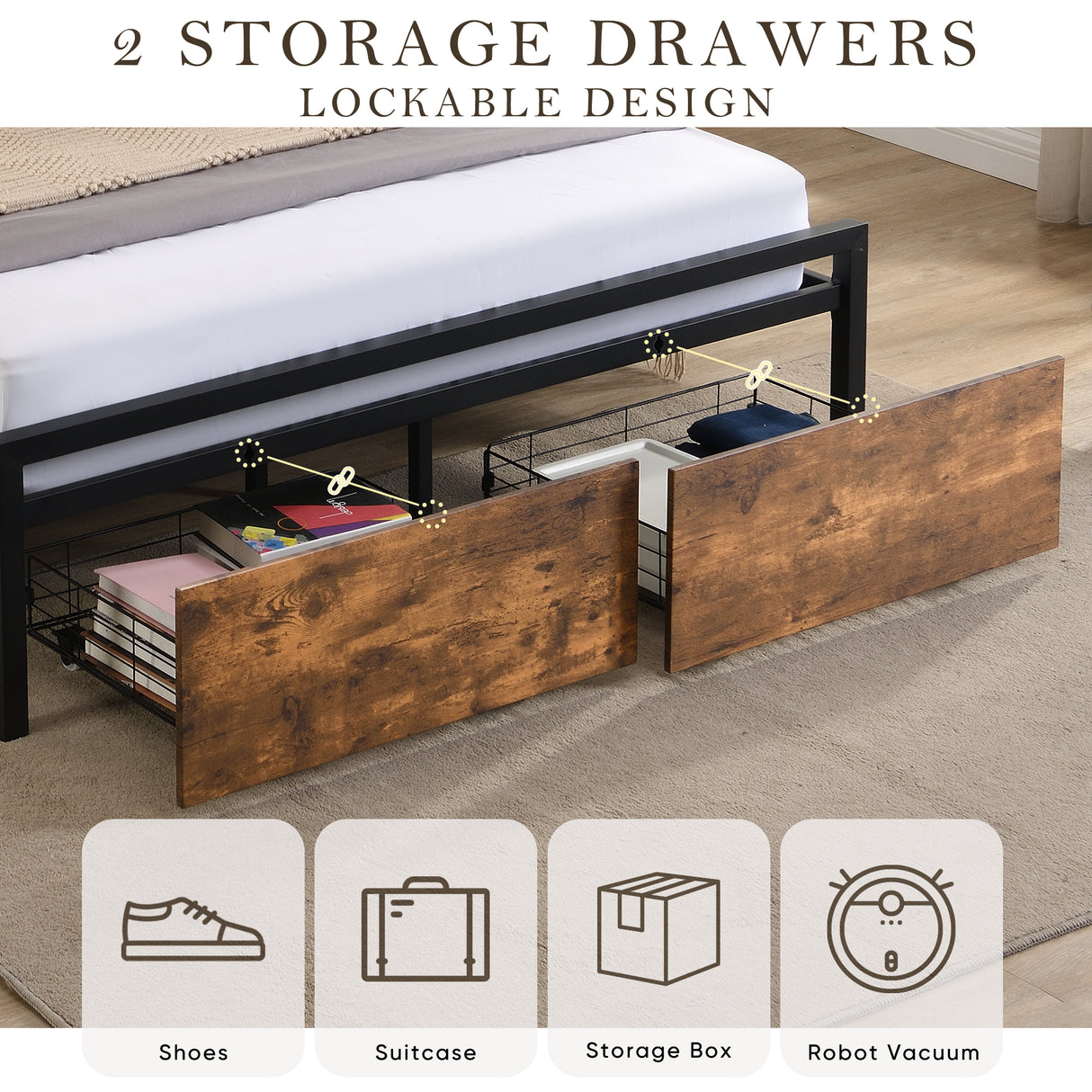 Large bed frame with storage headboard and 2 drawers, LED light bed, charging station, metal platform bed - V.I.P Digital Presence