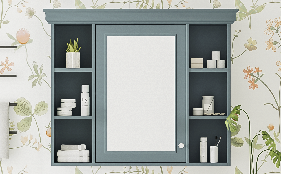 35 ''x 28' 'blue wall mounted bathroom storage cabinet with mirror door and medication cabinet with 6 open shelves - V.I.P Digital Presence