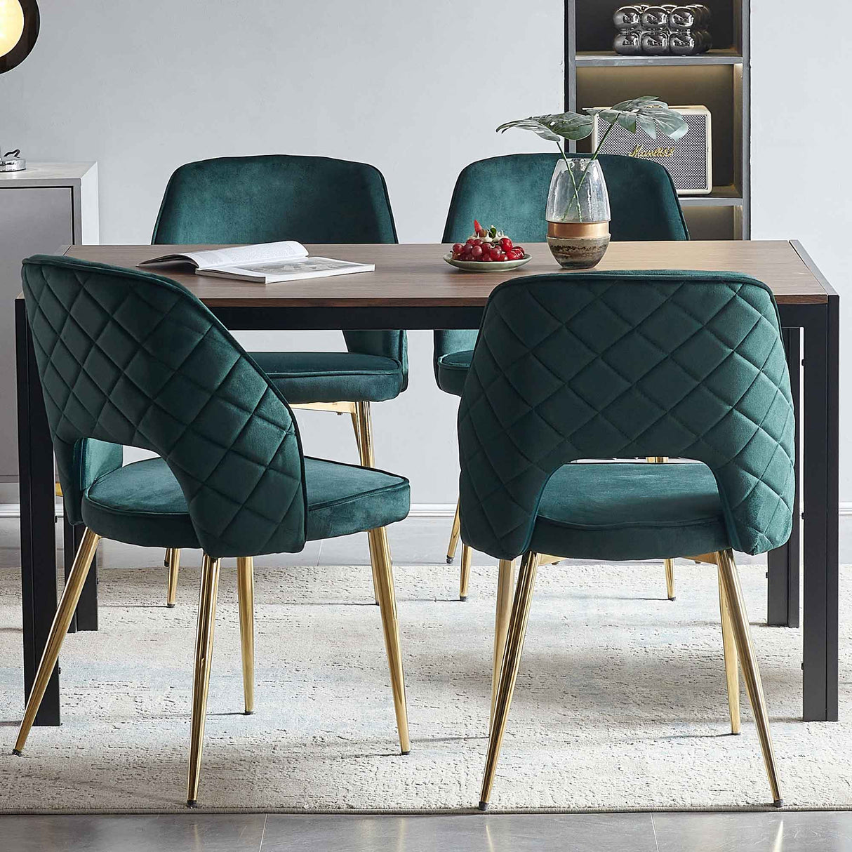 Dark Green Velvet Dining Chairs with Metal Legs and Hollow Back Upholstered Dining Chairs Set of 4 - V.I.P Digital Presence