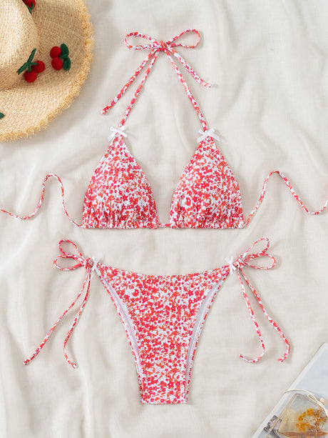 Floral triangle cup lace up sexy bikini split swimsuit for women - V.I.P Digital Presence