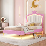 Twin Size Upholstered Bed Frame with LED Lights, Modern Upholstered Princess Bed with Crown Headboard, Pink+White - V.I.P Digital Presence