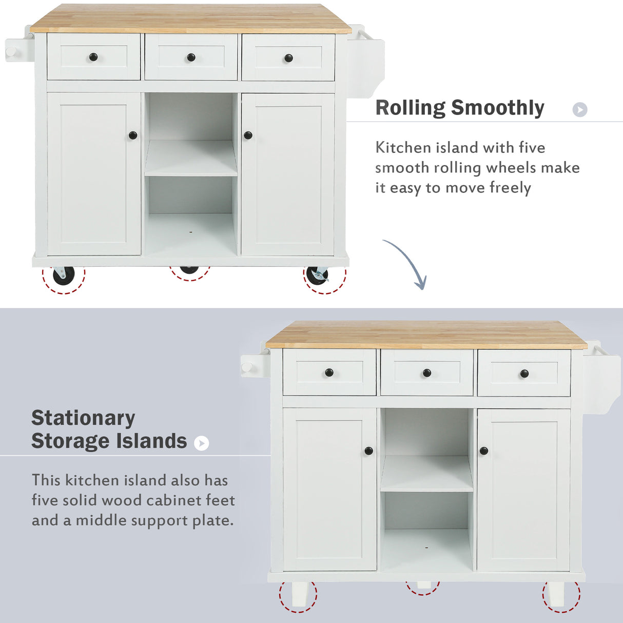 Kitchen trolley with rubber wood leaf countertop, 5-wheel kitchen island, storage cabinet and 3 dining drawers, white - V.I.P Digital Presence