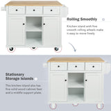 Kitchen trolley with rubber wood leaf countertop, 5-wheel kitchen island, storage cabinet and 3 dining drawers, white - V.I.P Digital Presence