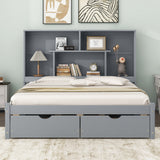 Queen Size Platform Bed with Storage Headboard and 2 Drawers, Gray - V.I.P Digital Presence
