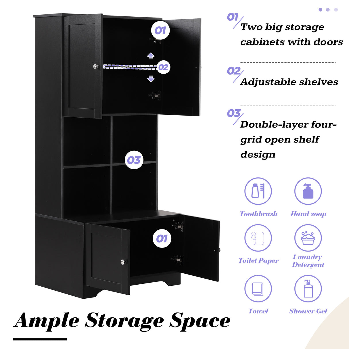 Bathroom storage cabinet, 4-door independent cabinet, adjustable shelf, open multi-layer shelf, black - V.I.P Digital Presence