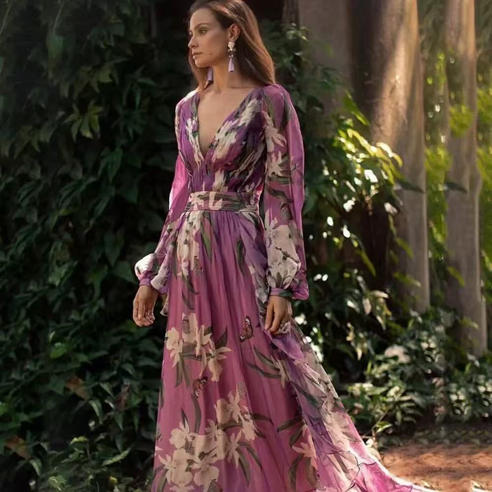 Winter New  Style V-Neck Long Sleeve Four-Way Stretch Printed Flared Dress - V.I.P Digital Presence