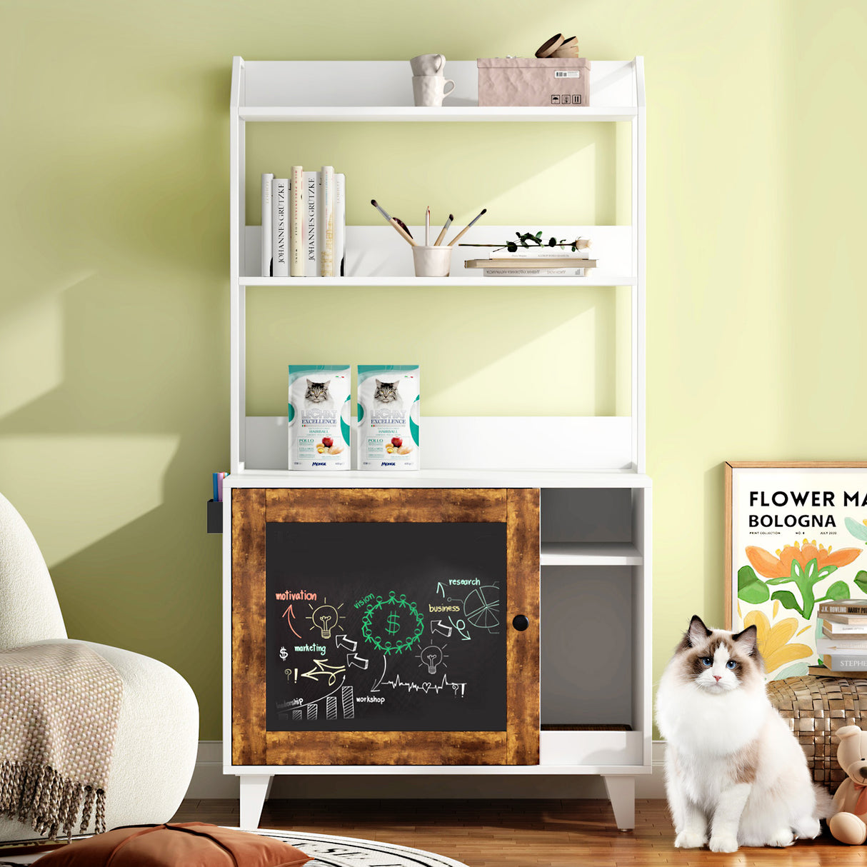 Graffiti with 2 storage racks and 1 door cat litter box shell, hidden cat litter box with rack shell furniture white - V.I.P Digital Presence