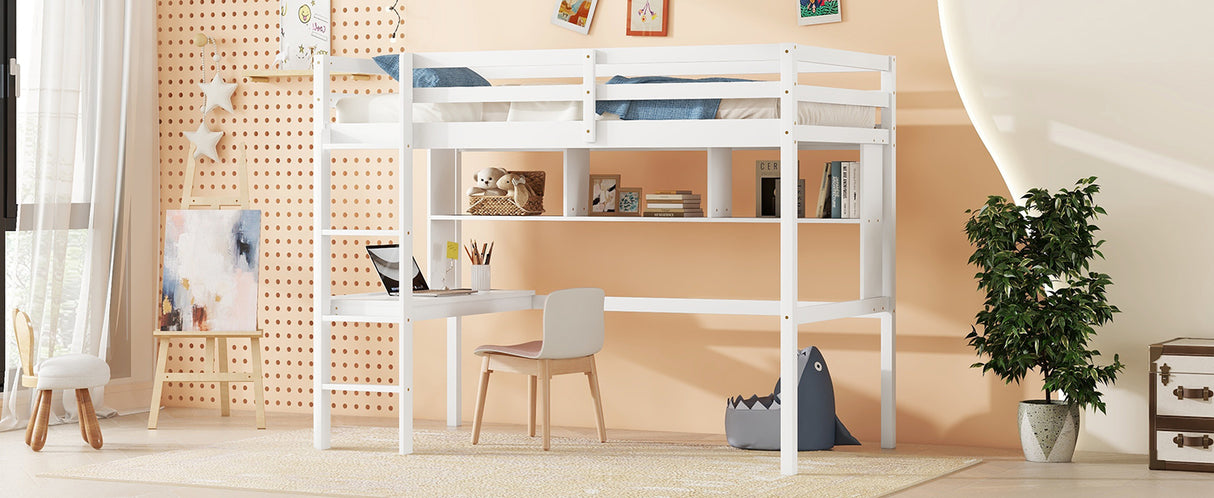 Twin Loft Bed with built-in desk and bookcase of three compartments, Guardrails and Ladder,White - V.I.P Digital Presence