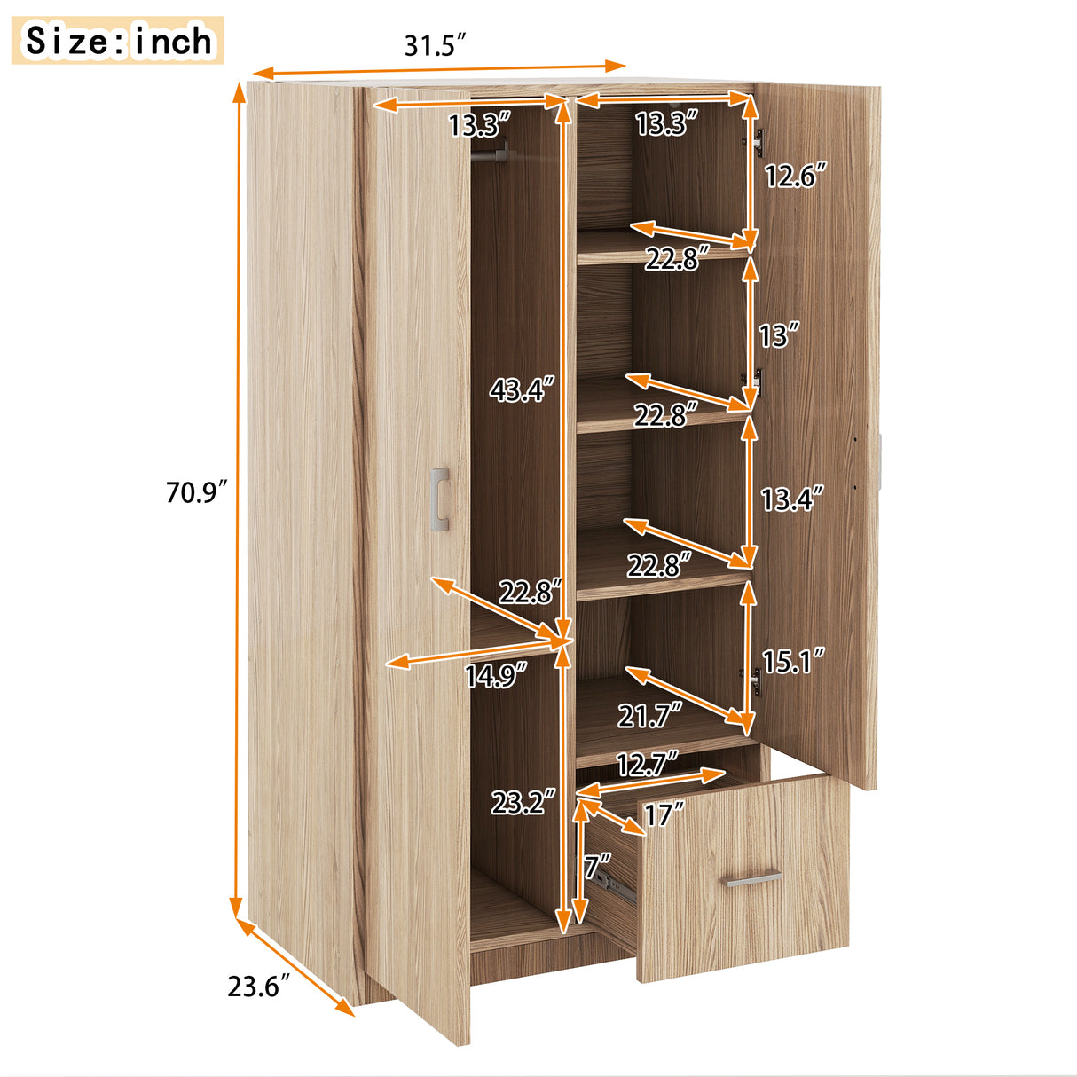 Wooden Wardrobe with Double Doors, Armoire with Hanging Rod, 5 Fixed Shelves, One Storage Drawer,Natural - V.I.P Digital Presence