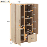 Wooden Wardrobe with Double Doors, Armoire with Hanging Rod, 5 Fixed Shelves, One Storage Drawer,Natural - V.I.P Digital Presence