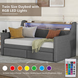 Twin Size Daybed with Storage Drawers, Upholstered Daybed with Charging Station and LED Lights, Gray - V.I.P Digital Presence