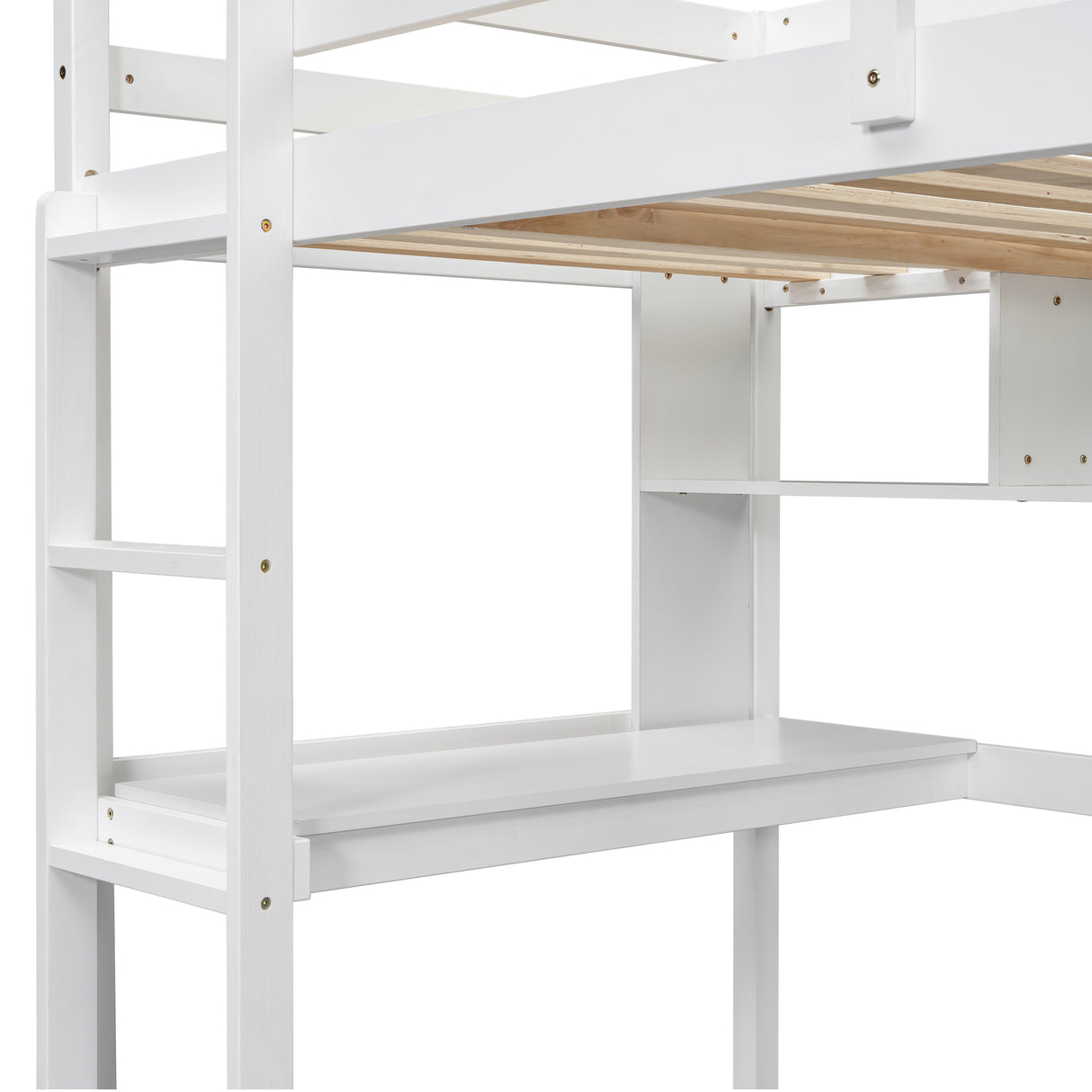 Twin Loft Bed with built-in desk and bookcase of three compartments, Guardrails and Ladder,White - V.I.P Digital Presence