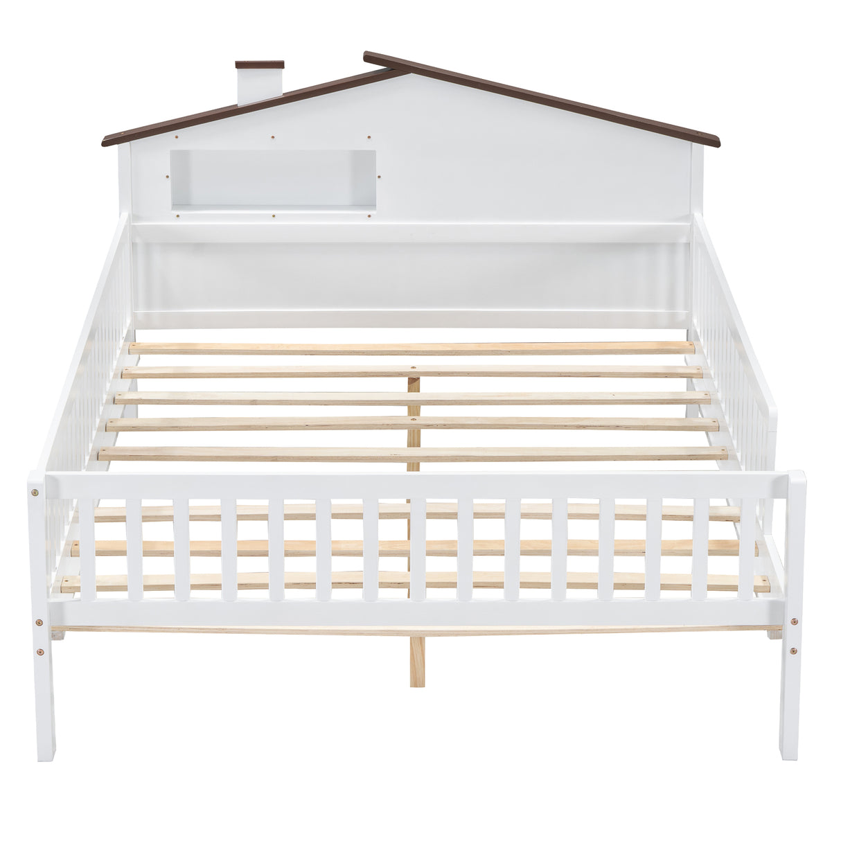 Full Size Wood Platform Bed with House-shaped Headboard, LED and Built-in Storage, White - V.I.P Digital Presence