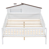 Full Size Wood Platform Bed with House-shaped Headboard, LED and Built-in Storage, White - V.I.P Digital Presence