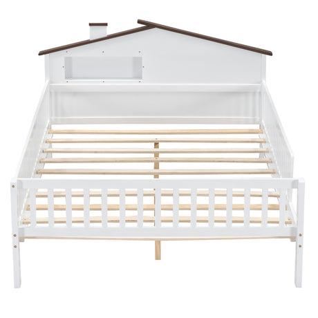Full Size Wood Platform Bed with House-shaped Headboard, LED and Built-in Storage, White - V.I.P Digital Presence