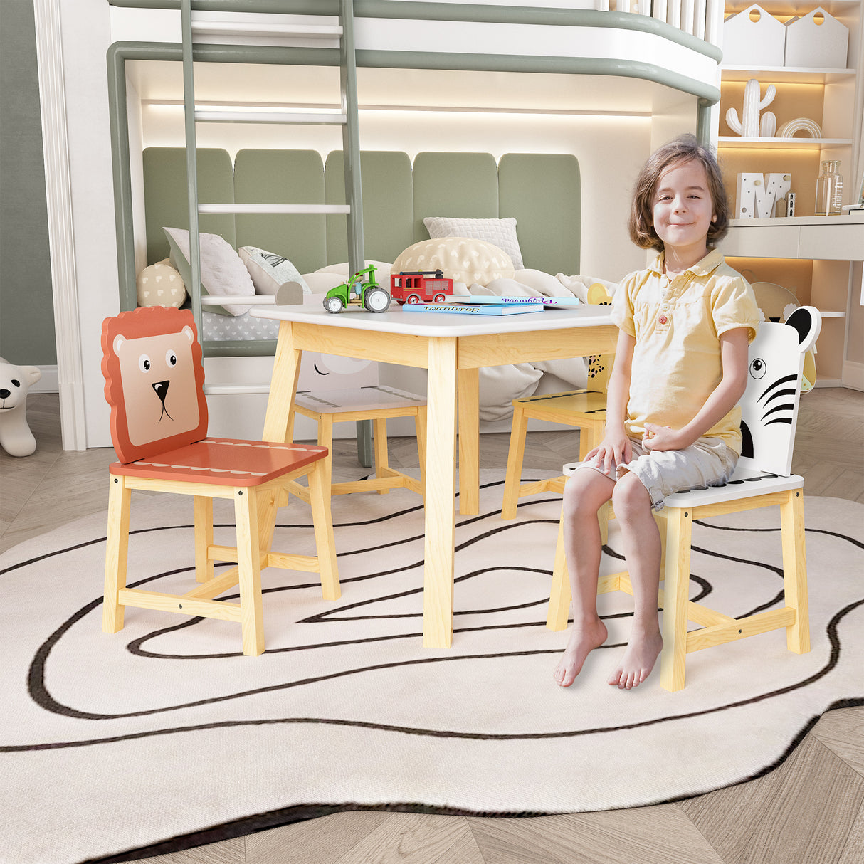5 Piece Kiddy Table and Chair Set  Kids Wood Table with 4 Chairs Set Cartoon Animals (bigger table) (3-8 years old) - V.I.P Digital Presence