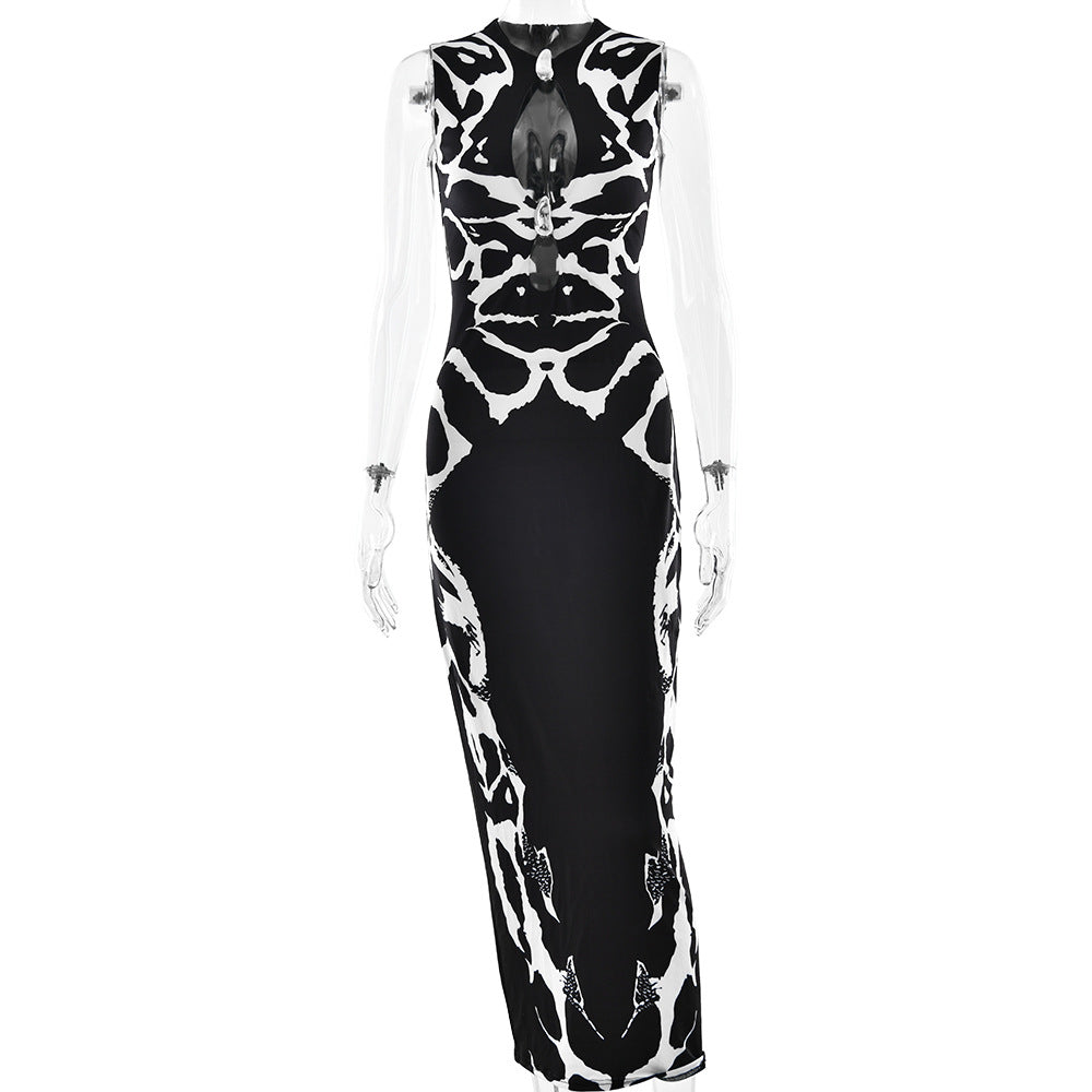 Summer Printed Leopard Pattern Hollow-out Sleeveless Waist-cinched Sexy Dress - V.I.P Digital Presence