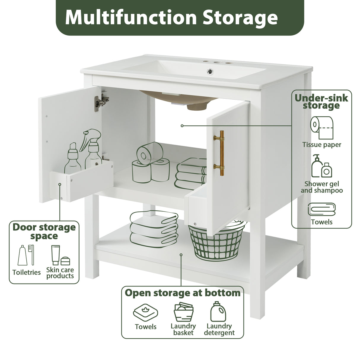 30-Inch White Bathroom Vanity with Ceramic Sink and Versatile Storage - Ideal for Small Bathrooms - V.I.P Digital Presence