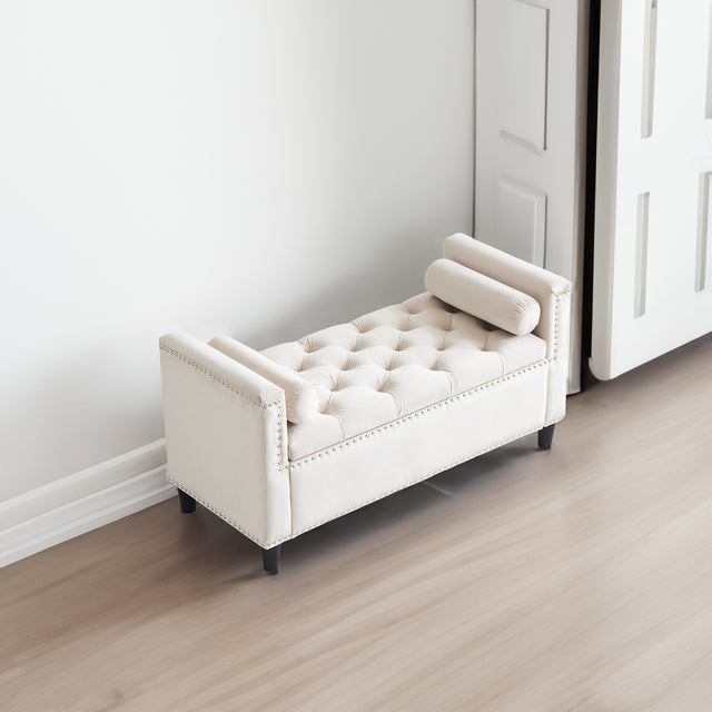 Storage Bench, 44.5-Inch Queen Velvet Button Bedside Bench, Entryway Living Room with Armrests, Nailhead Trim Cream White - V.I.P Digital Presence