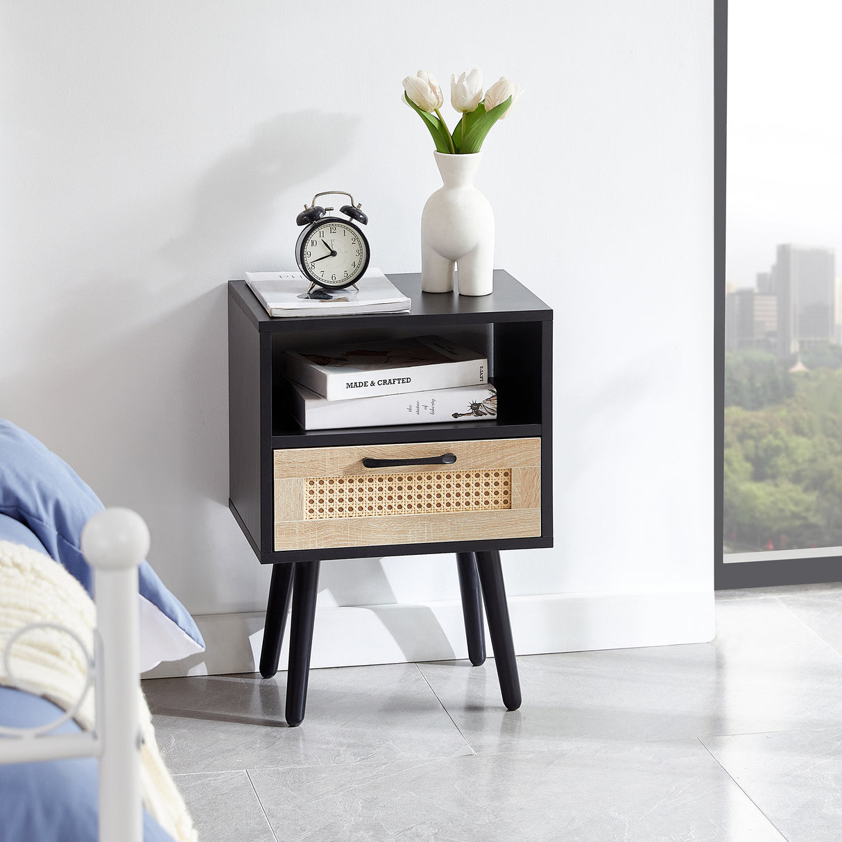 15.75" Rattan End table with drawer and solid wood legs Modern nightstand side table for living room black - V.I.P Digital Presence