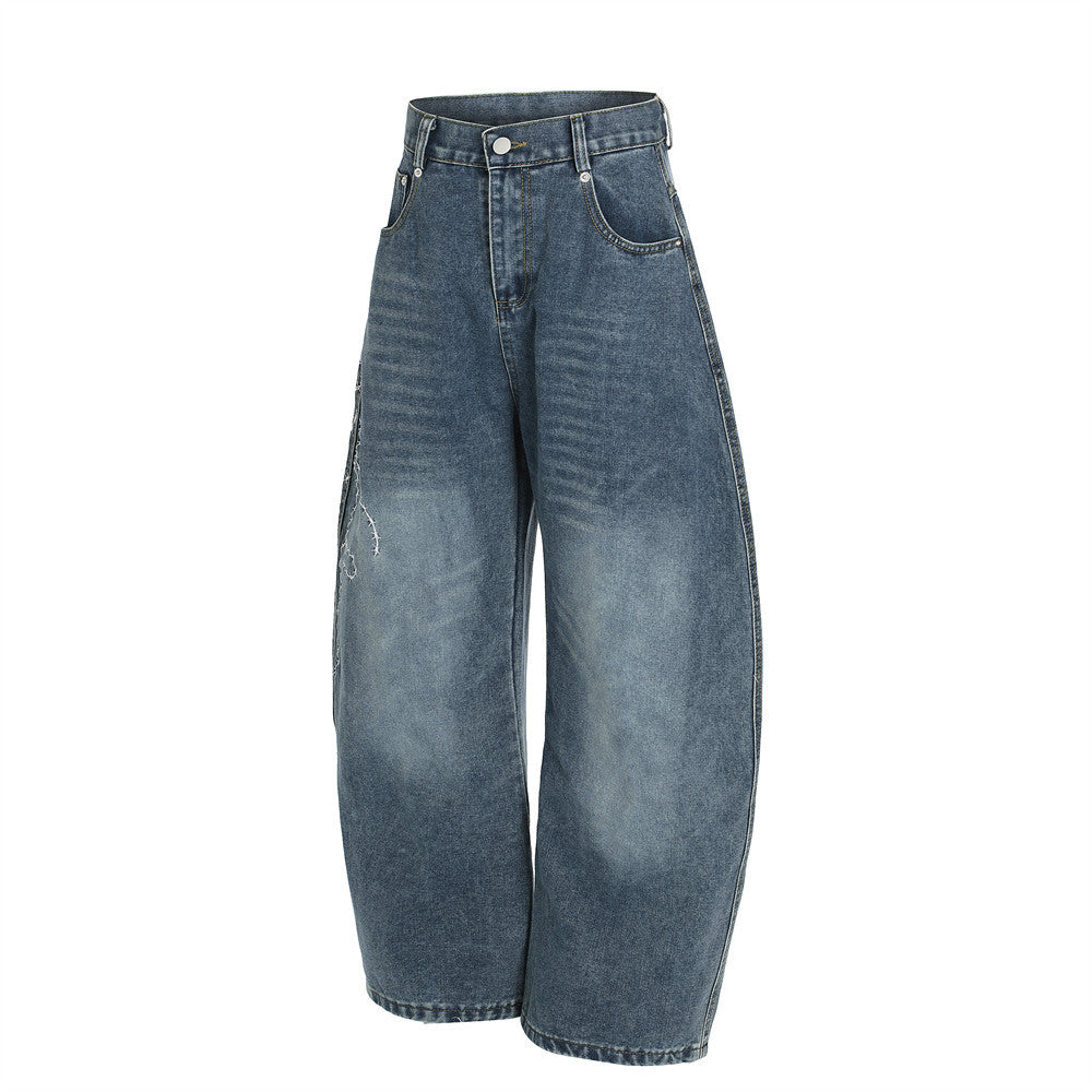 Streetwear High Street Letter Print Slash Denim Trousers Men's Work Pants Washed Vintage Loose Wide Leg Floor-Length Pants - V.I.P Digital Presence
