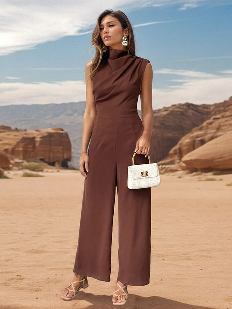Ruched Mock Neck Sleeveless Jumpsuit - V.I.P Digital Presence