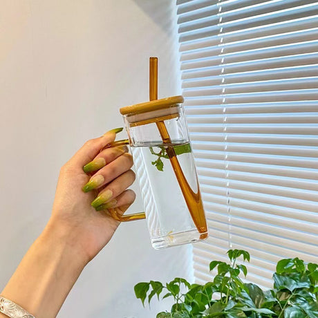Square colored handle cup glass straw cup with lid milk tea cup with large capacity - V.I.P Digital Presence