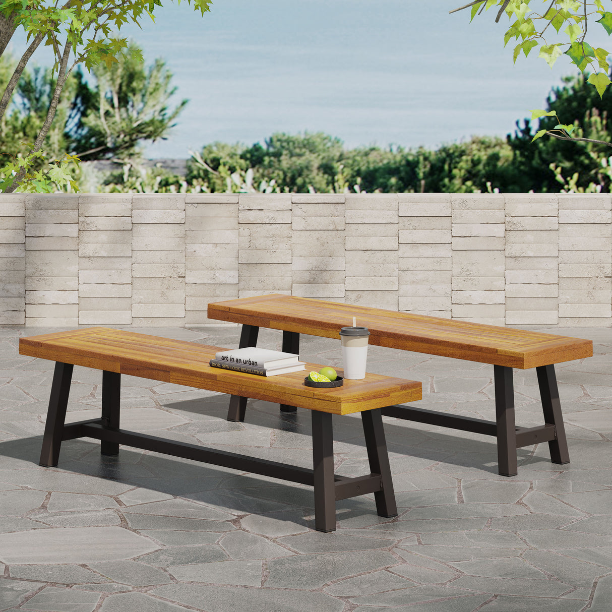 Outdoor Carlisle Benches, Sandblasted Brown + Rustic Metal (Set of 2) - V.I.P Digital Presence