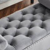 Storage Bench, 44.5-Inch Queen Velvet Button Bedside Bench, Entryway Living Room with Armrests, Nailhead Trim Gray - V.I.P Digital Presence