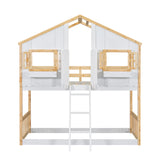 Twin over Twin House Bunk Bed with Roof , Window, Window Box, Door , with Safety Guardrails and Ladder, Natural/White - V.I.P Digital Presence