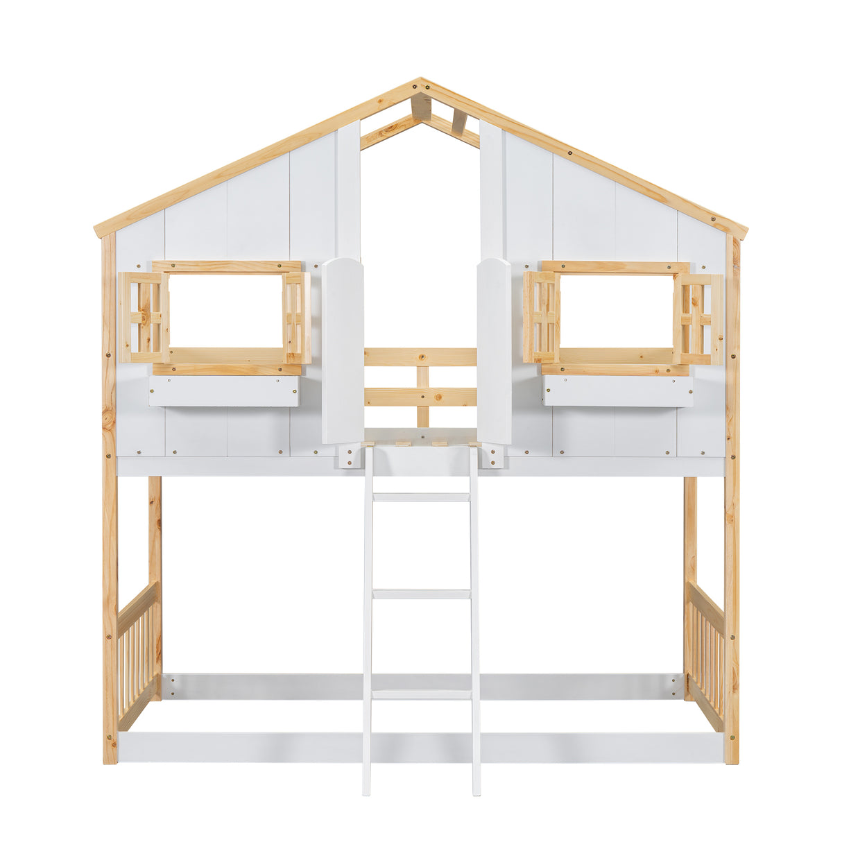 Twin over Twin House Bunk Bed with Roof , Window, Window Box, Door , with Safety Guardrails and Ladder, Natural/White - V.I.P Digital Presence
